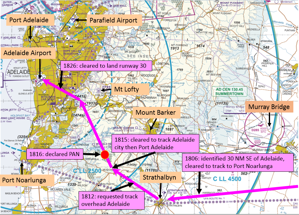 Figure 2: Approximate aircraft track from Strathalbyn to Adelaide